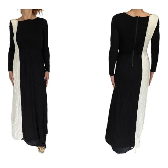 black and white checkered long sleeve dress Chara Long Sleeve Pleated Dress With Collar Black & Off White